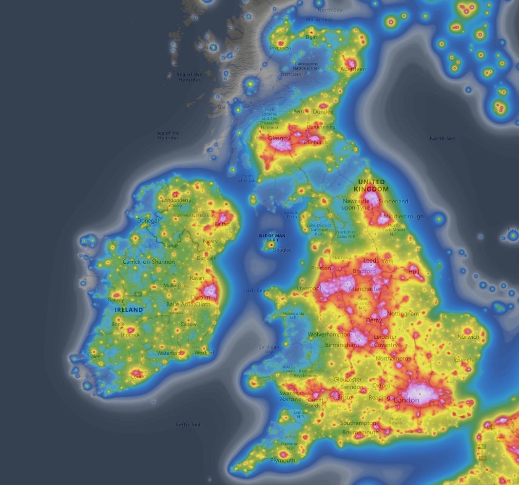 UK night sky light pollution map